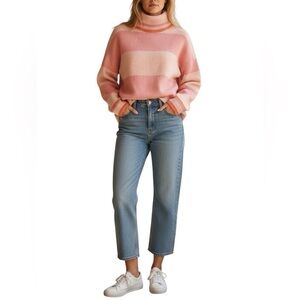 J. Crew Striped Turtleneck Sweater Supersoft Yarn Heather Pale Pink NWT